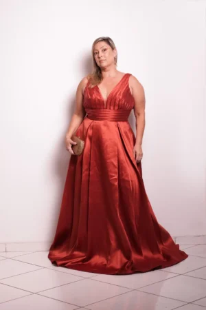 Vestido Terracota Fita e Saia com Pregas