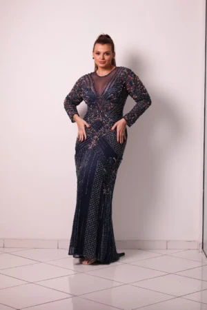 Vestido Azul Marinho e Cobre Bordado