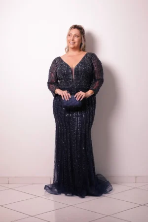 Vestido Azul Marinho Tule Bordado