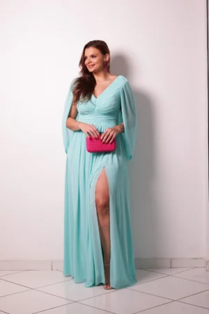 Vestido Azul Serenity Drapeado com Capa e Fenda