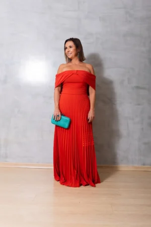 Vestido Terracota Ombro a Ombro Plissado
