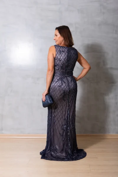 Vestido Marinho Tule Bordado com Fenda - Imagem 2