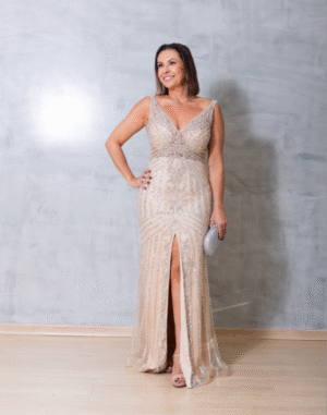 Vestido Nude com Bordado Prata
