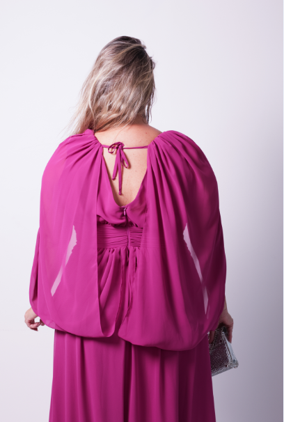Vestido Fúcsia Drapeado com Capa e Fenda - Imagem 2