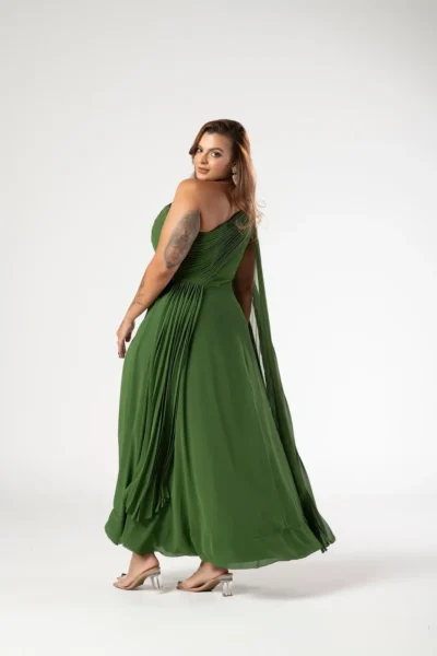 Vestido Verde Oliva Ombro Único Capa Plissado - Imagem 2