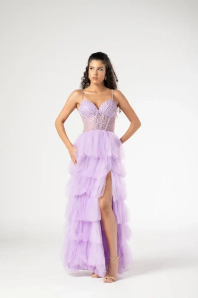 Vestido Lavanda Corpete Bordado