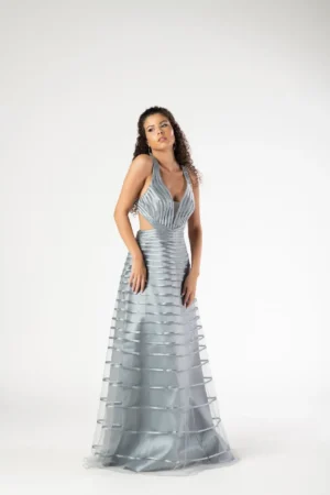 Vestido Prata Recorte Cintura