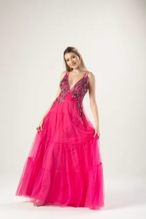 Vestido Rosa Duas Alcinhas e Tule Bordado