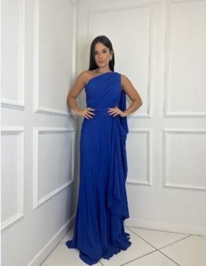 Vestido Azul Royal Um Ombro com Capa
