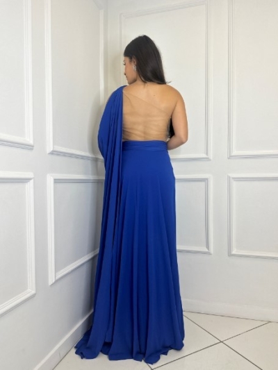 Vestido Azul Royal Um Ombro com Capa - Imagem 3