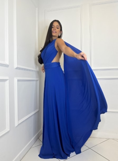 Vestido Azul Royal Um Ombro com Capa - Imagem 2