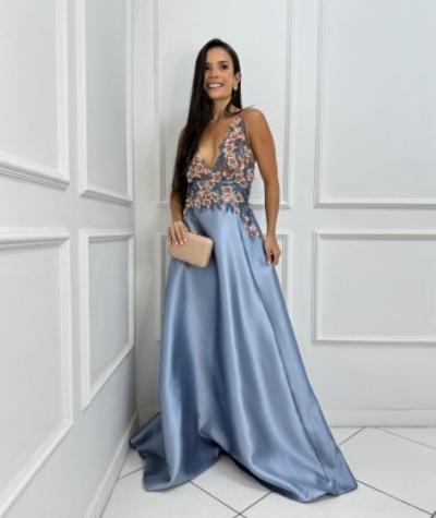 Vestido Alfaiataria Azul Bordado em Flores