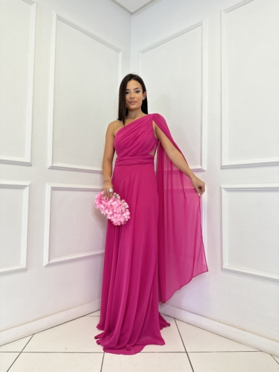 Vestido Rosa Um Ombro Com Capa - Imagem 3