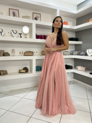 Vestido Rosa Tule Brilho com Fenda