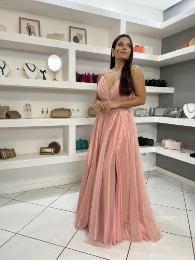 Vestido Rosa Tule Brilho com Fenda