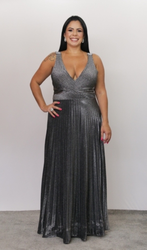 Vestido Lurex Grafite Saia Plissada