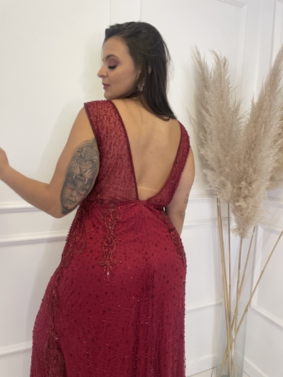Vestido Marsala Bordado Renda Lateral - Imagem 2