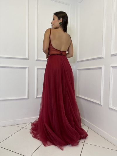 Vestido Marsala Saia Rodada de Tule com Tronco Bordado - Imagem 2