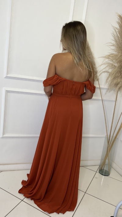 Vestido Terracota Ombro a Ombro Fenda - Imagem 2