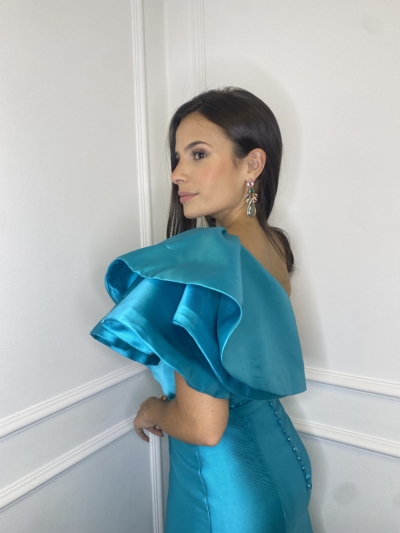 Vestido Tiffany Turquesa Um Ombro com Babado - Imagem 2