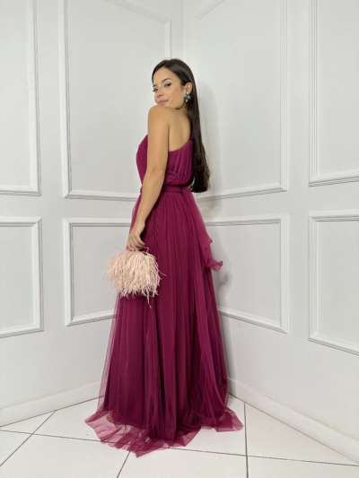 Vestido Tule Fúcsia Um Ombro Só Amarração - Imagem 2