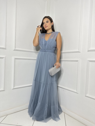 Vestido Tule Azul Acinzentado Tomara - Que - Caia Amarrações - Imagem 3
