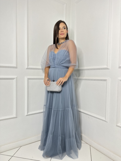 Vestido Tule Azul Acinzentado Tomara - Que - Caia Amarrações - Imagem 2