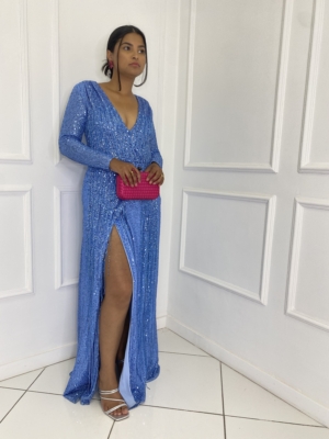 Vestido Azul Manga Longa Paetê Franjas