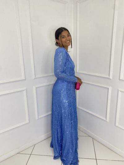 Vestido Azul Manga Longa Paetê Franjas - Imagem 2