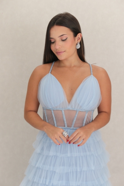 Vestido Tule Babado com Bordado Azul - Imagem 3
