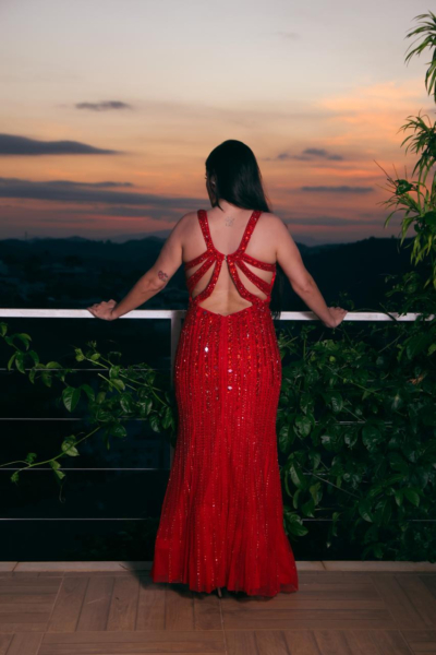 Longo Vermelho Bordado Sereia Tiras Nas Costas - Imagem 2