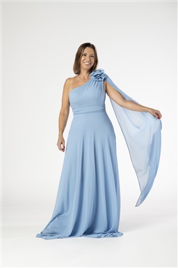 Longo Azul Serenity Fluido Ombro Único Capa E Broche Flor