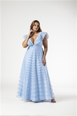 Longo Azul Serenity Decote V Com Babado E Viés