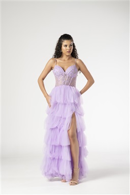 Longo Lavanda Corpete Bordado E Saia De Camadas