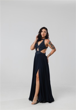 Longo Azul Marinho Tronco Bordado Recorte Lateral Decote Gota