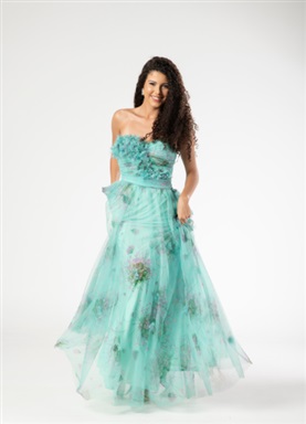 Longo TQC Floral Tule Verde Com Rosa Babado No Busto