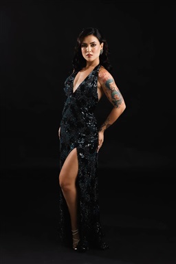 Longo Bordado Frente Única Com Fenda Azul Marinho E Preto