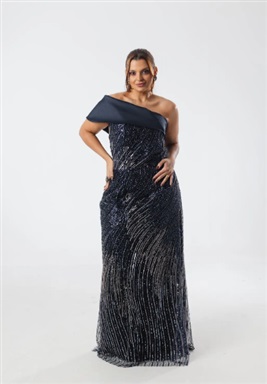 Longo Bordado Marinho E Prata Ombro Único Marinho Liso