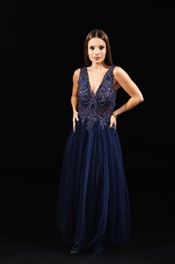 Longo Marinho Tule Tronco Bordado