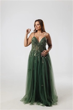 Longo Tule Verde Oliva Alcinha Tronco Bordado