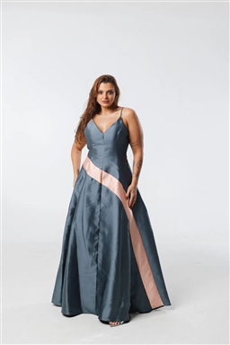 Longo Cinza Com Faixa Rosê Saia Evasê