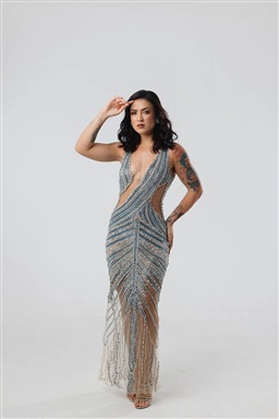 Longo Bordado Azul E Prata Recortes Cintura Franja Strass