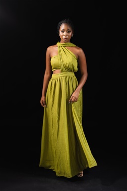 Longo Verde Oliva Cropped E Saia Com Amarração No Ombro