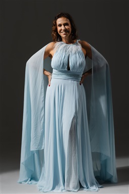 Longo Azul Serenity Frente Única Bojo Plissado Pluma No Decote