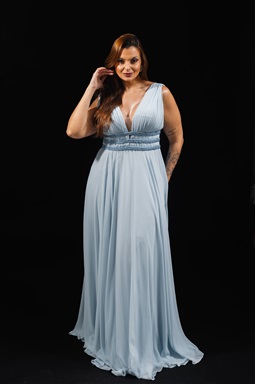 Longo Azul Serenity Plissado No Busto Com 3 Faixas Bordadas