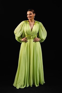 Longo Lima Saia Fluida Manga Longa Bordado Ombro, Cintura E Punho