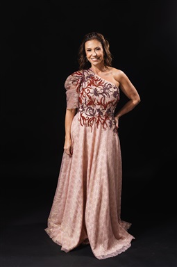 Longo Rose Bordado Terracota/Lavanda Saia Evasê E Manga Única