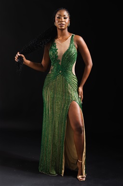 Longo Verde Esmeralda Bordado Fenda