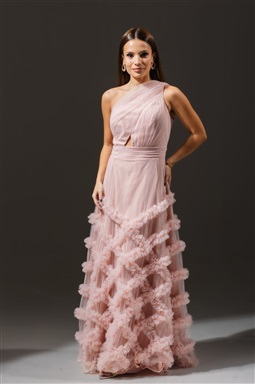 Longo Rose Ombro Único Tule Saia Trabalhada