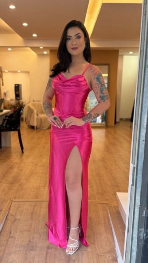 Longo Pink Corset Com Fenda E Amarração Costas